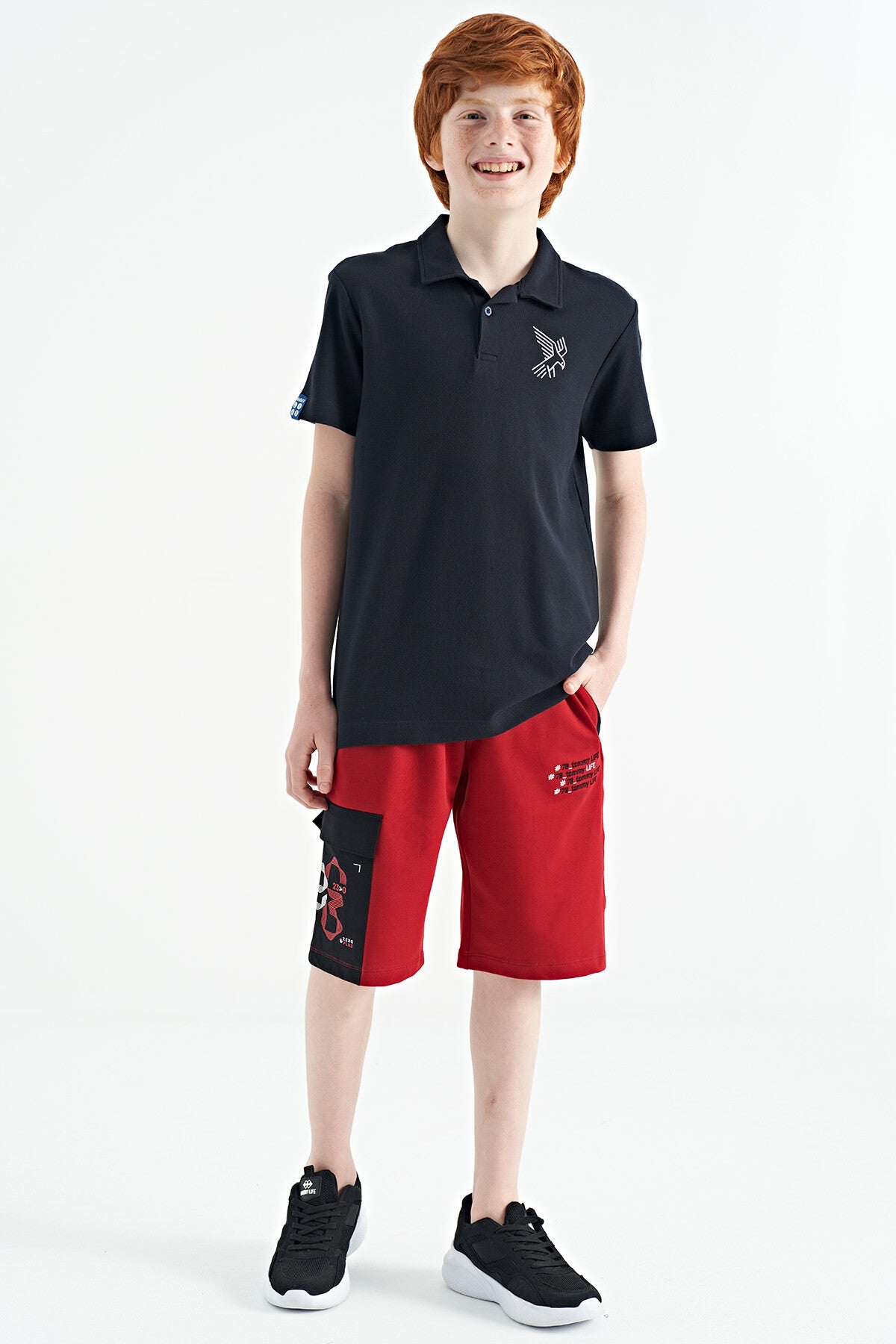 Navy Blue Minimal Embroidered Detailed Standard Pattern Polo Collar Boys T-Shirt - 11084