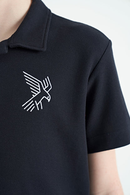 Navy Blue Minimal Embroidered Detailed Standard Pattern Polo Collar Boys T-Shirt - 11084