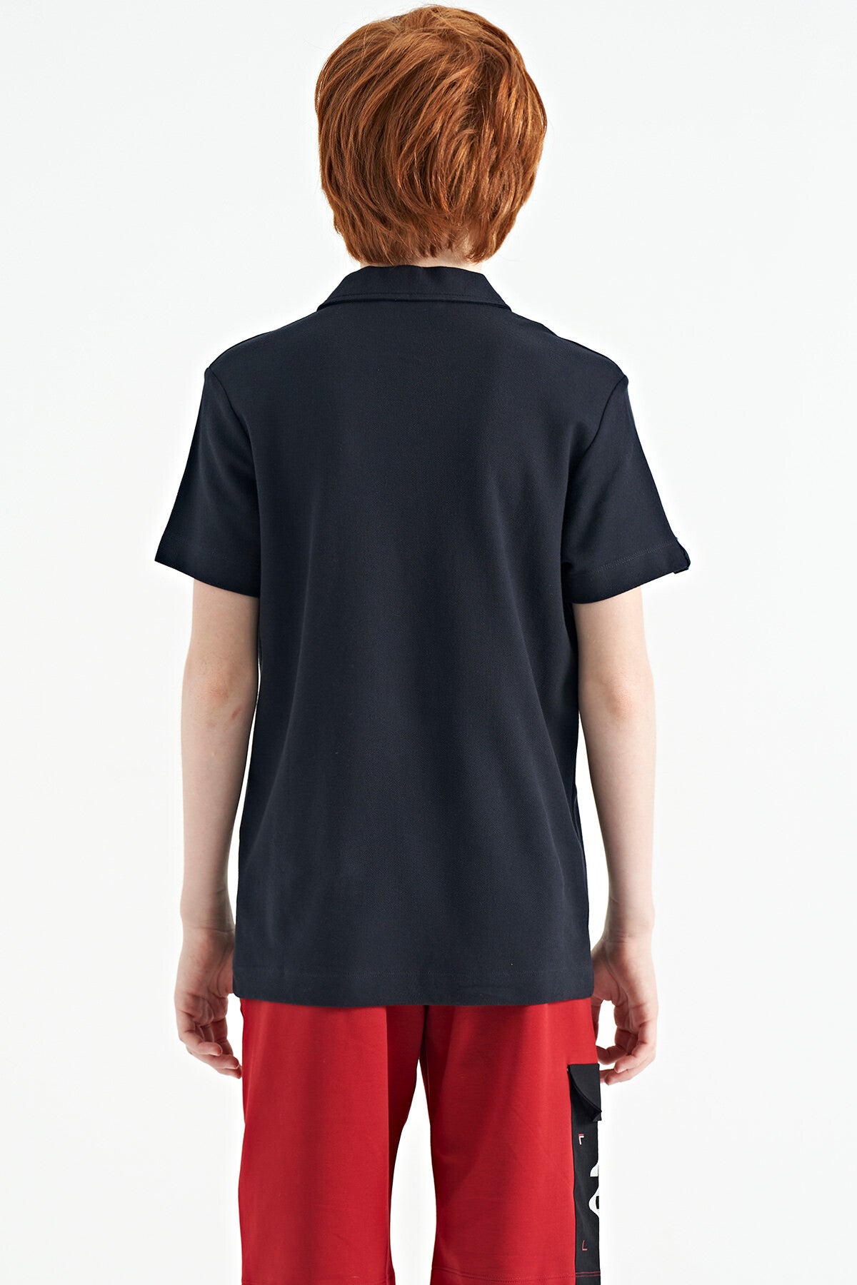 Navy Blue Minimal Embroidered Detailed Standard Pattern Polo Collar Boys T-Shirt - 11084