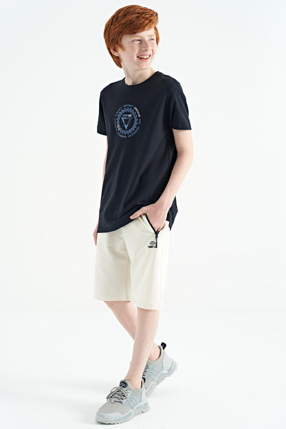 Navy Blue Embroidered Detailed O Collar Standard Fit Boys T-Shirt - 11115