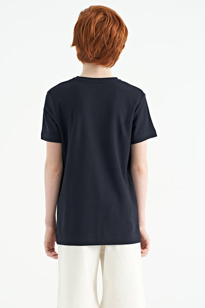 Navy Blue Embroidered Detailed O Collar Standard Fit Boys T-Shirt - 11115