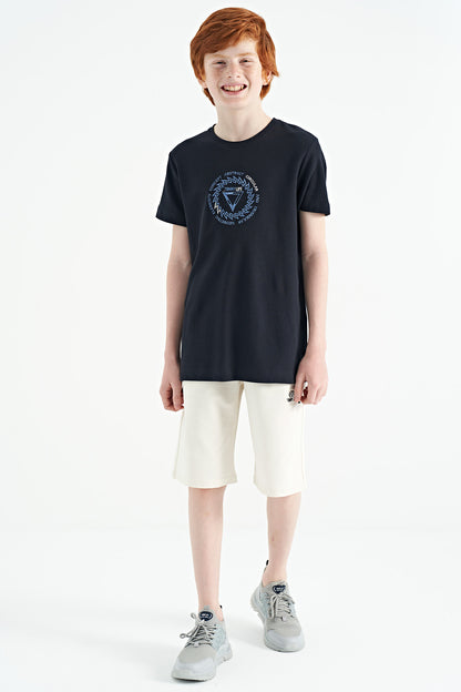 Navy Blue Embroidered Detailed O Collar Standard Fit Boys T-Shirt - 11115