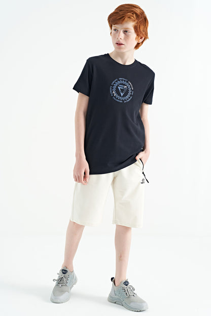 Navy Blue Embroidered Detailed O Collar Standard Fit Boys T-Shirt - 11115
