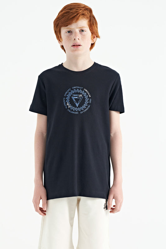 Navy Blue Embroidered Detailed O Collar Standard Fit Boys T-Shirt - 11115