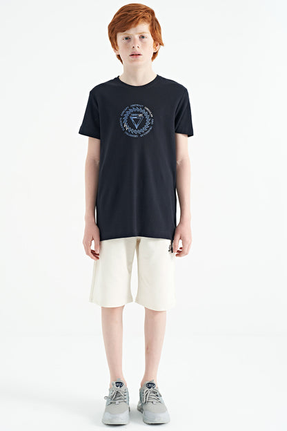 Navy Blue Embroidered Detailed O Collar Standard Fit Boys T-Shirt - 11115