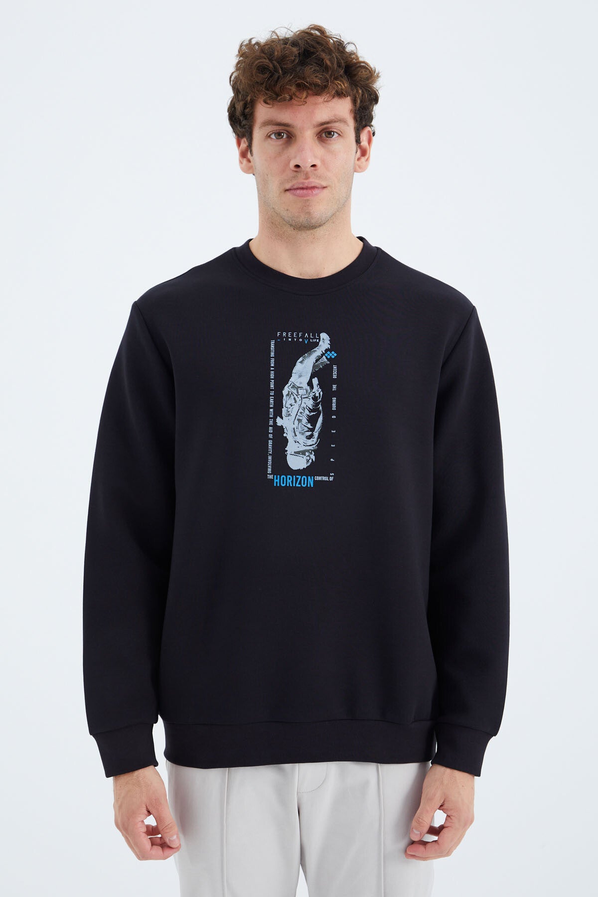 Navy Blue O Collar Printed Detailed Relax Fit Men's Sweatshirt - 88283