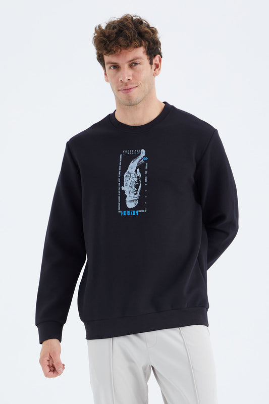 Navy Blue O Collar Printed Detailed Relax Fit Men's Sweatshirt - 88283