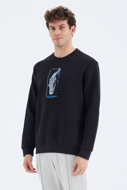 Navy Blue O Collar Printed Detailed Relax Fit Men's Sweatshirt - 88283