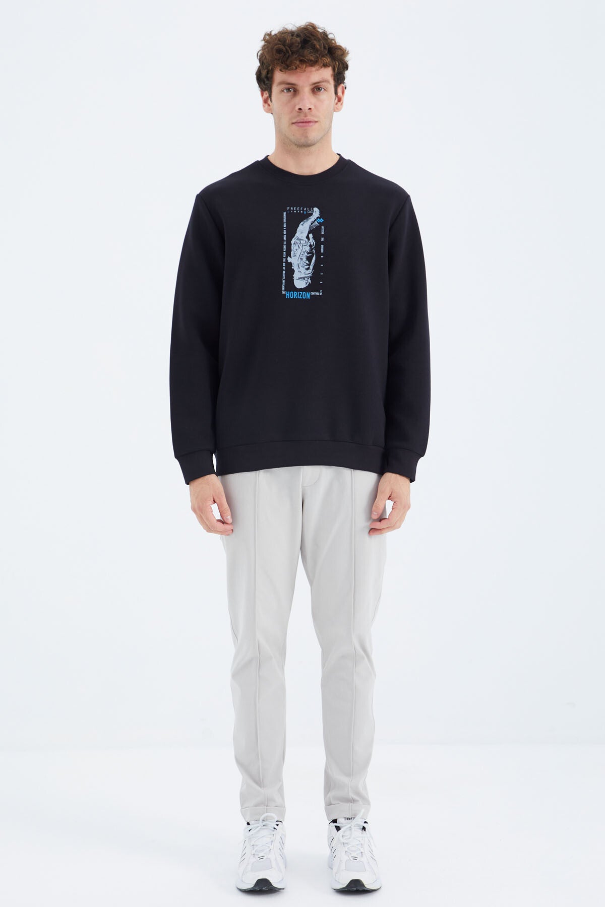 Navy Blue O Collar Printed Detailed Relax Fit Men's Sweatshirt - 88283