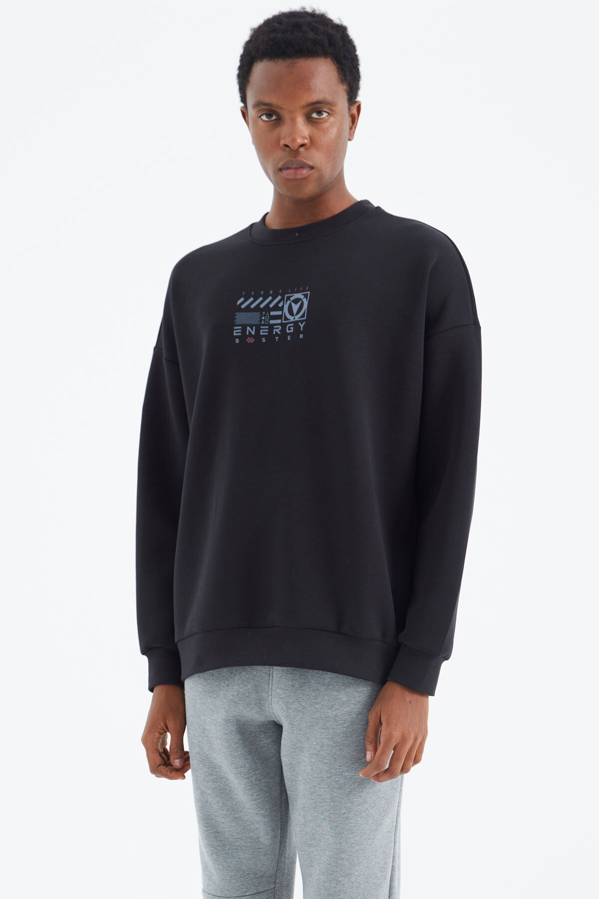 Navy Blue O Collar Printed Detailed Relax Fit Men's Sweatshirt - 88284