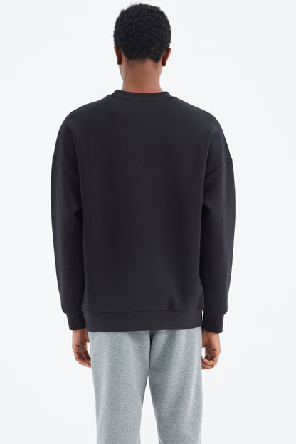 Navy Blue O Collar Printed Detailed Relax Fit Men's Sweatshirt - 88284