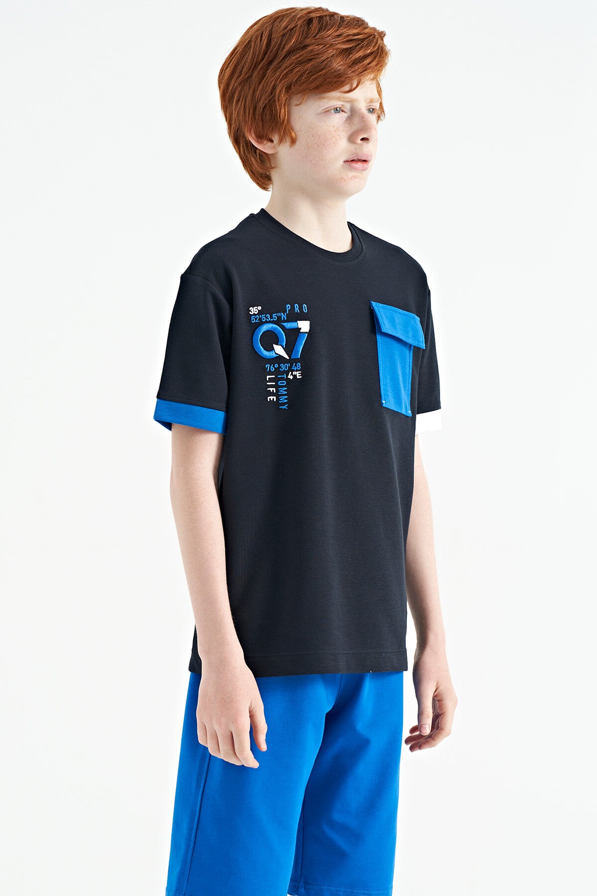 Navy Blue O Collar Oversize Pocket Detailed Boys' T-Shirt - 11152