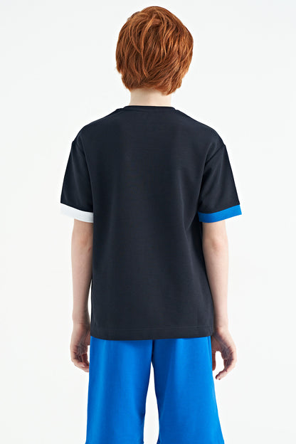 Navy Blue O Collar Oversize Pocket Detailed Boys' T-Shirt - 11152
