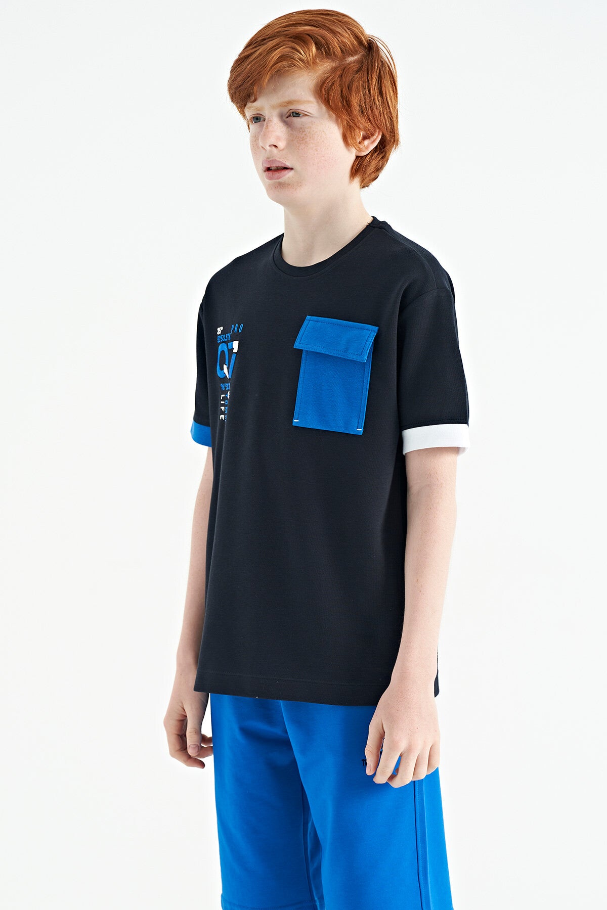 Navy Blue O Collar Oversize Pocket Detailed Boys' T-Shirt - 11152