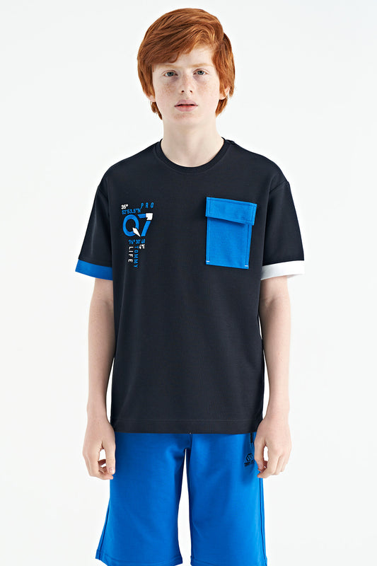 Navy Blue O Collar Oversize Pocket Detailed Boys' T-Shirt - 11152