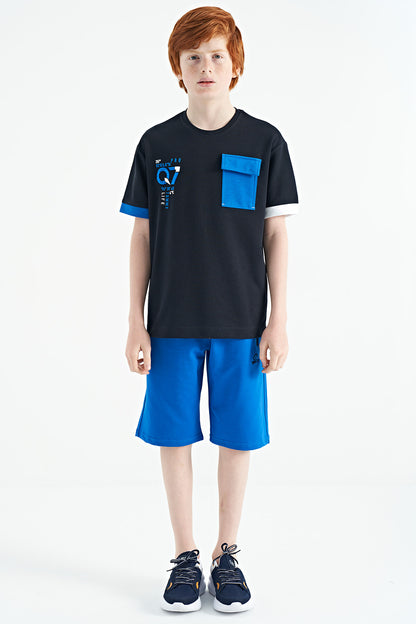 Navy Blue O Collar Oversize Pocket Detailed Boys' T-Shirt - 11152