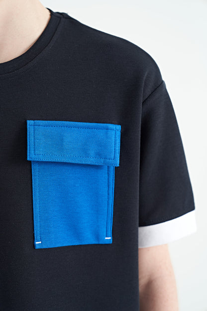 Navy Blue O Collar Oversize Pocket Detailed Boys' T-Shirt - 11152