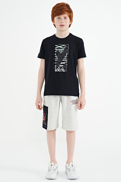 Navy Blue Pre-Print Detailed O Collar Standard Fit Boys' T-Shirt - 11099