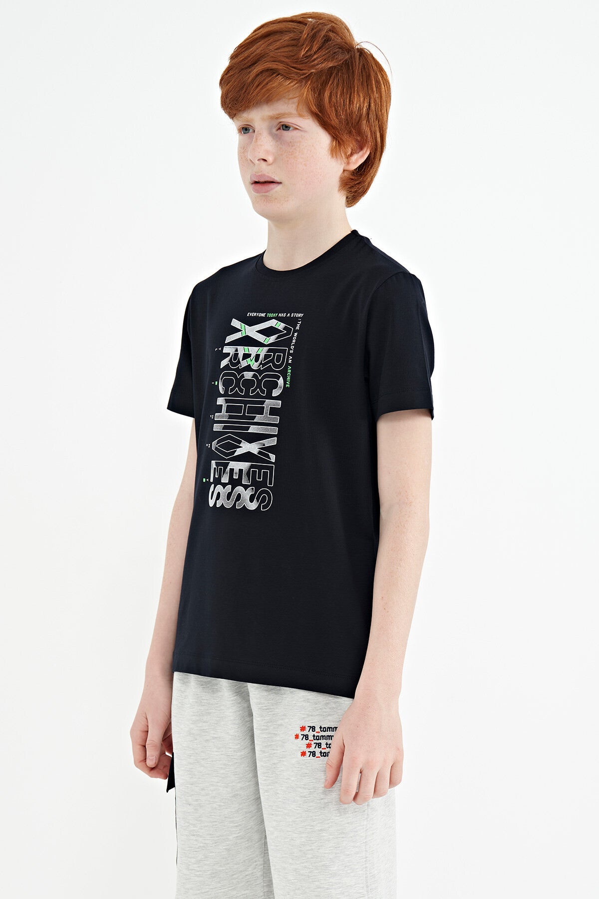 Navy Blue Pre-Print Detailed O Collar Standard Fit Boys' T-Shirt - 11099