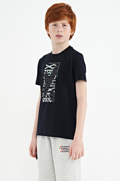Navy Blue Pre-Print Detailed O Collar Standard Fit Boys' T-Shirt - 11099