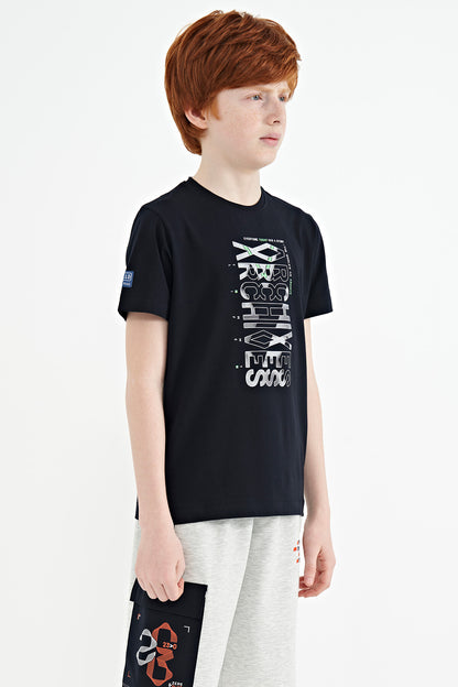 Navy Blue Pre-Print Detailed O Collar Standard Fit Boys' T-Shirt - 11099