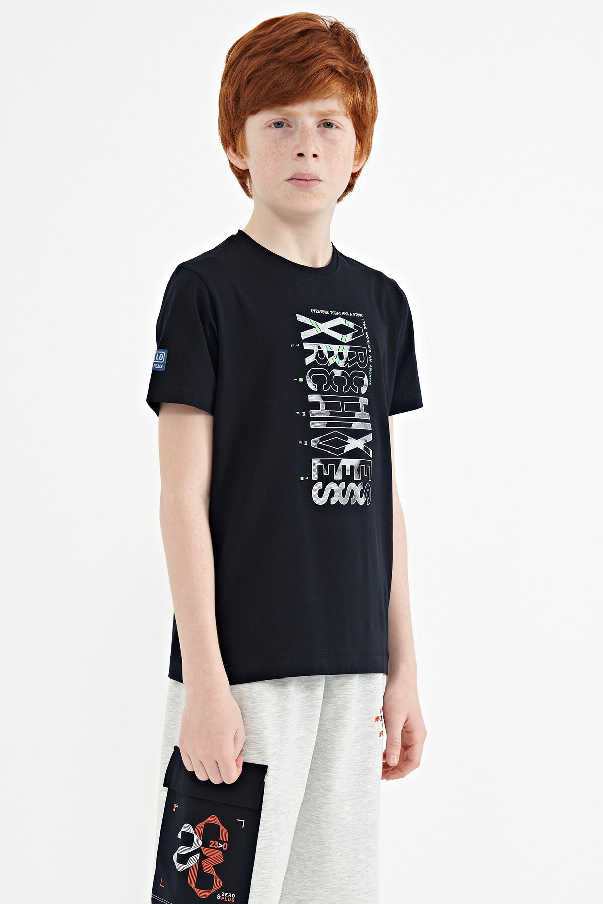 Navy Blue Pre-Print Detailed O Collar Standard Fit Boys' T-Shirt - 11099