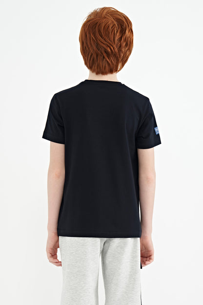 Navy Blue Pre-Print Detailed O Collar Standard Fit Boys' T-Shirt - 11099
