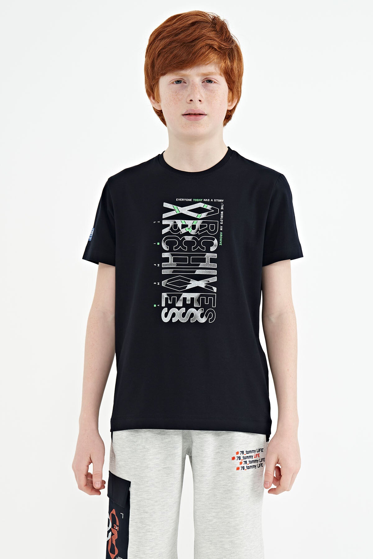 Navy Blue Pre-Print Detailed O Collar Standard Fit Boys' T-Shirt - 11099