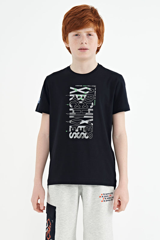 Navy Blue Pre-Print Detailed O Collar Standard Fit Boys' T-Shirt - 11099