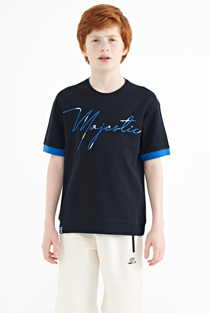 Navy Blue Embroidered O Collar Oversize Boys' T-Shirt - 11147