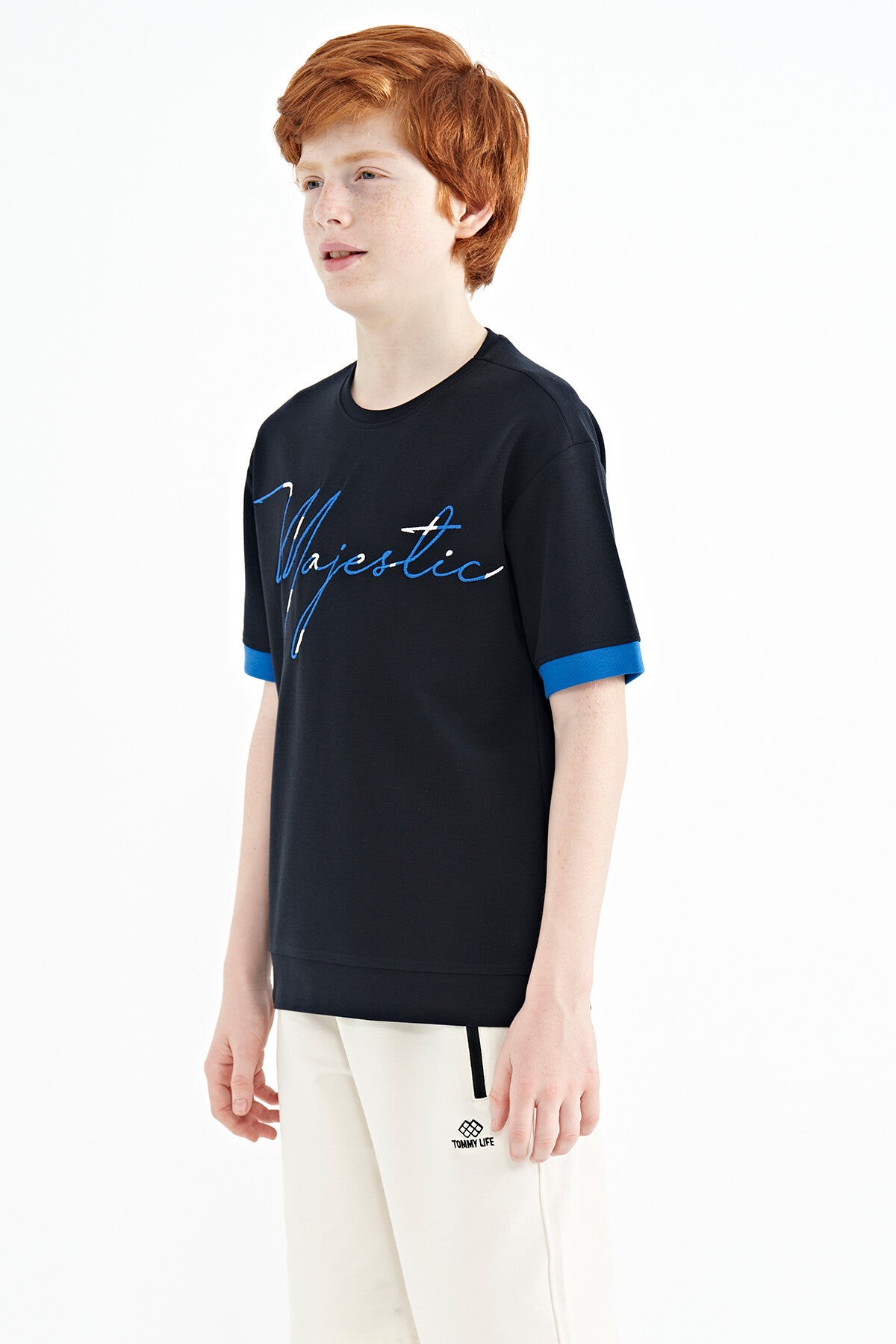 Navy Blue Embroidered O Collar Oversize Boys' T-Shirt - 11147