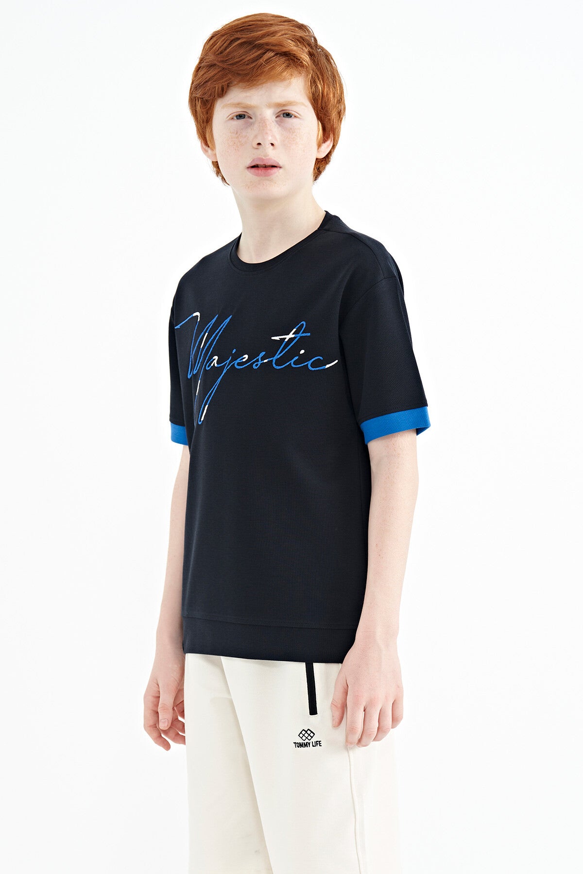 Navy Blue Embroidered O Collar Oversize Boys' T-Shirt - 11147