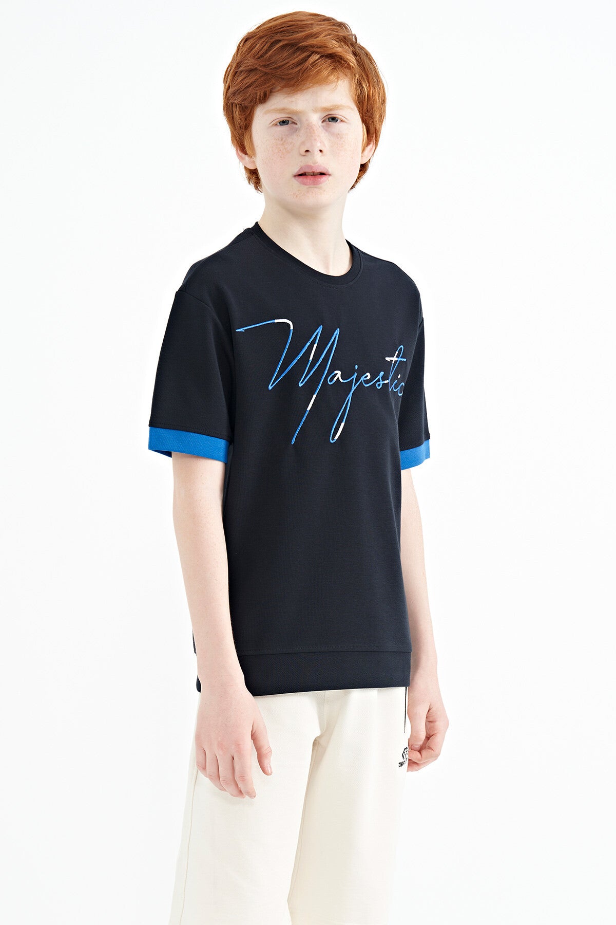 Navy Blue Embroidered O Collar Oversize Boys' T-Shirt - 11147