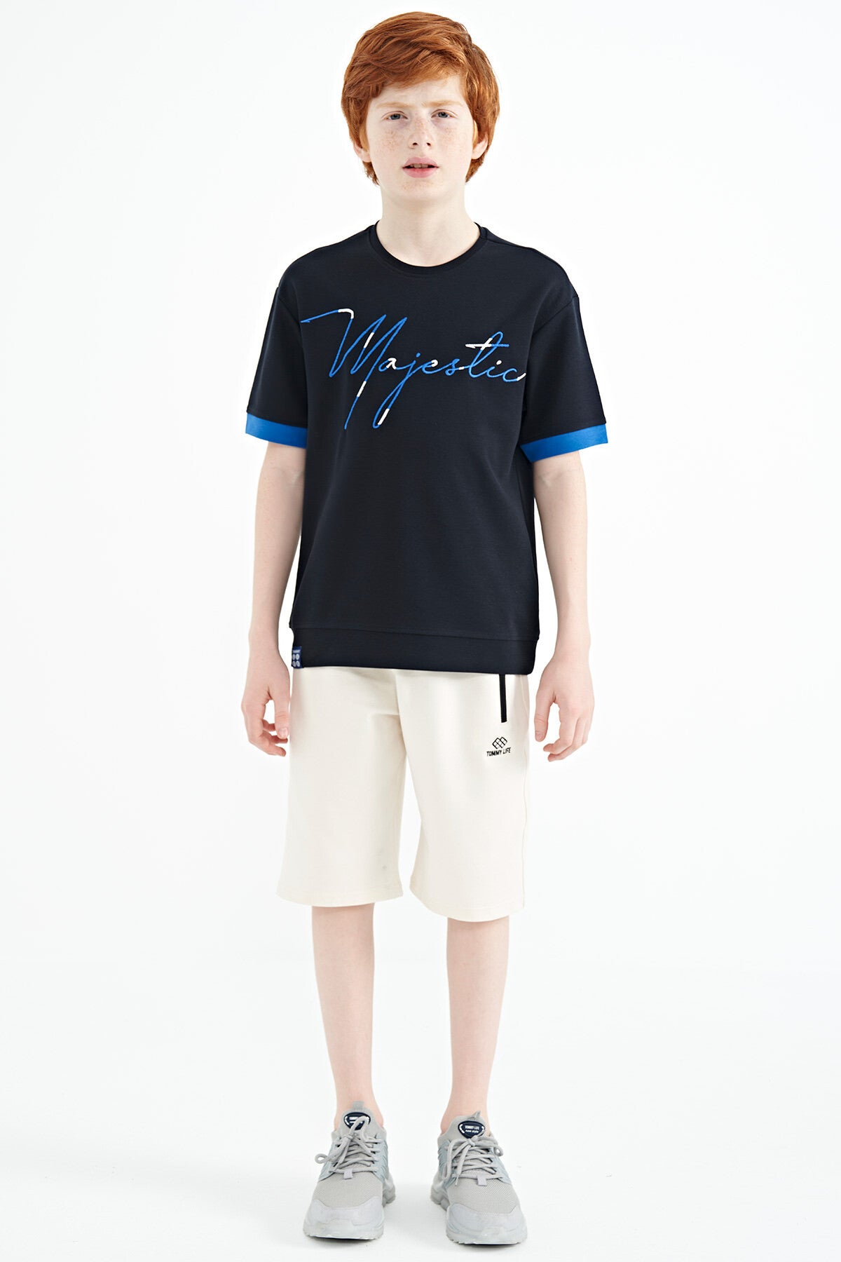 Navy Blue Embroidered O Collar Oversize Boys' T-Shirt - 11147