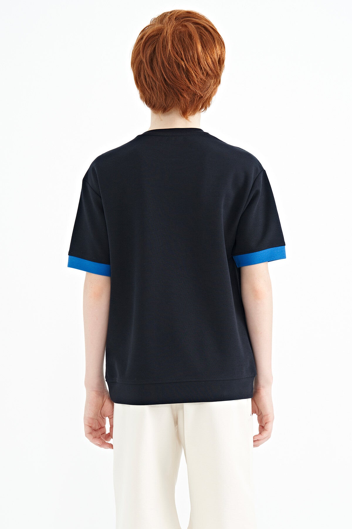 Navy Blue Embroidered O Collar Oversize Boys' T-Shirt - 11147