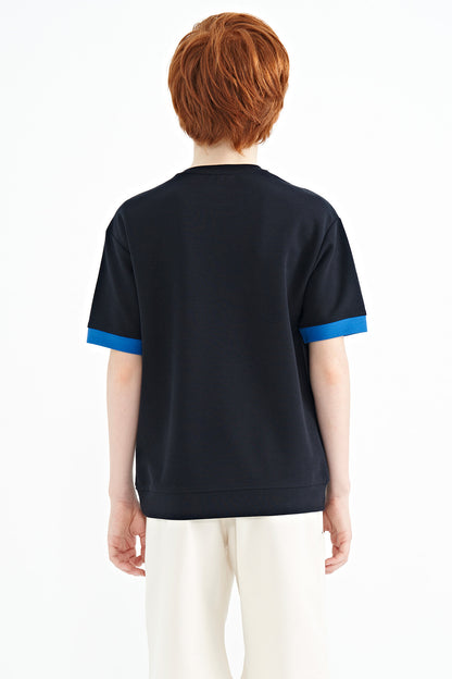 Navy Blue Embroidered O Collar Oversize Boys' T-Shirt - 11147