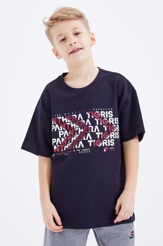 Navy Blue Oversize Print Short Sleeve O Neck Boys' T-Shirt - 10930