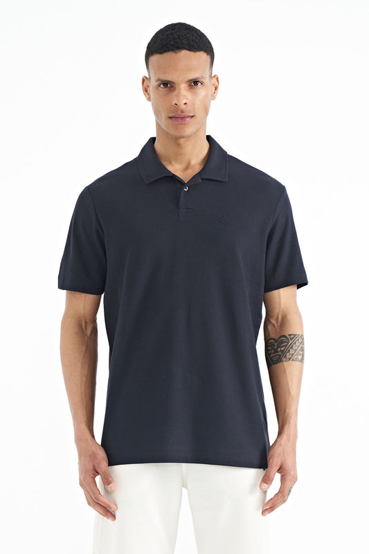 Navy Blue Polo Collar Embroidered Logo Standard Fit Men's T-shirt - 88237