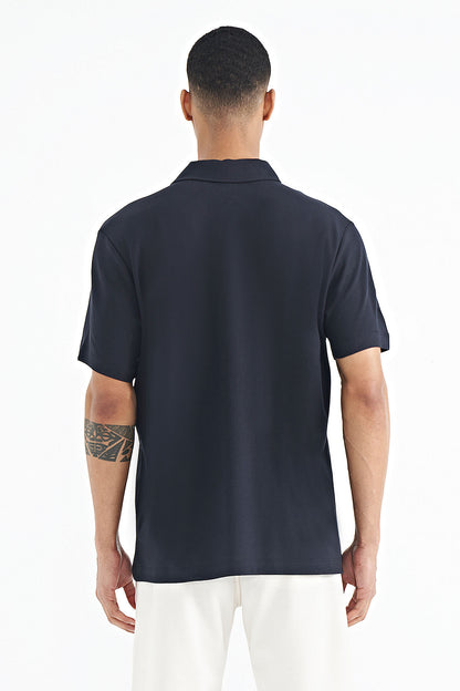 Navy Blue Polo Collar Embroidered Logo Standard Fit Men's T-shirt - 88237