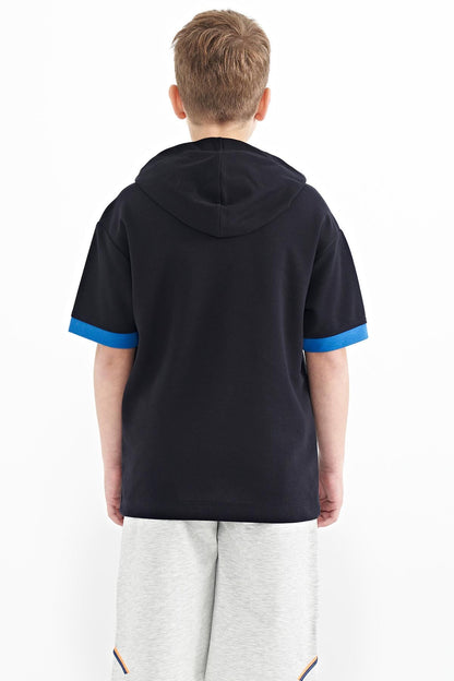 Navy Blue Block Hooded Kangaroo Pocket Oversize Boys T-Shirt - 11148