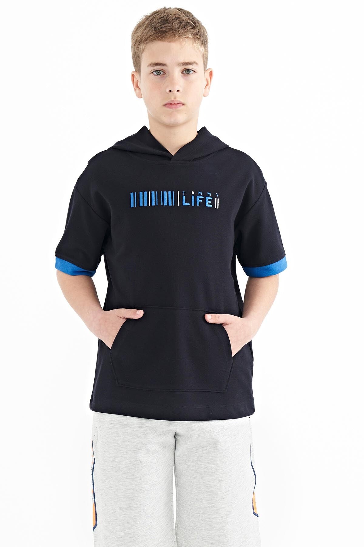 Navy Blue Block Hooded Kangaroo Pocket Oversize Boys T-Shirt - 11148