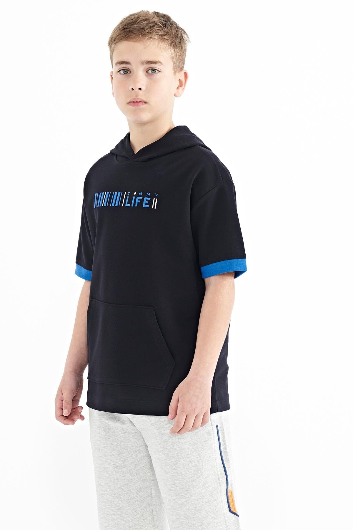 Navy Blue Block Hooded Kangaroo Pocket Oversize Boys T-Shirt - 11148