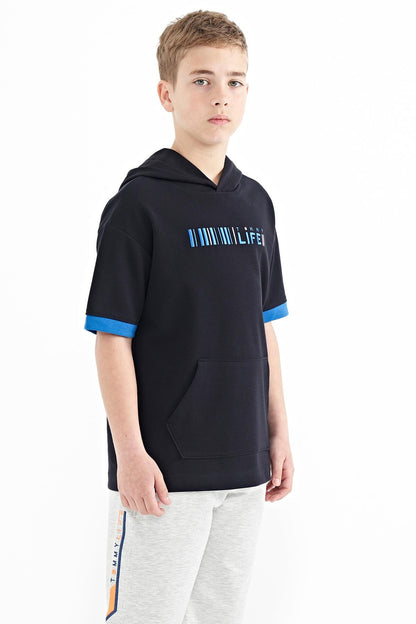 Navy Blue Block Hooded Kangaroo Pocket Oversize Boys T-Shirt - 11148
