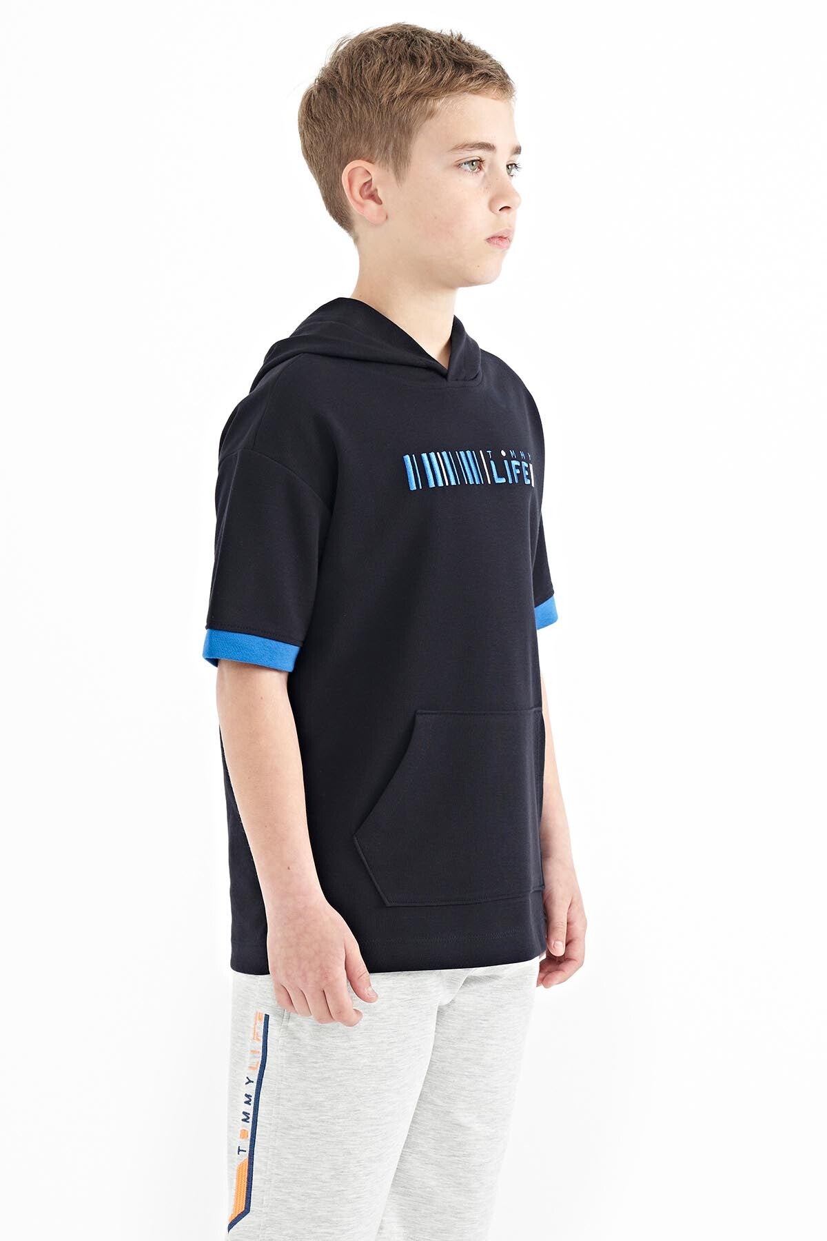 Navy Blue Block Hooded Kangaroo Pocket Oversize Boys T-Shirt - 11148