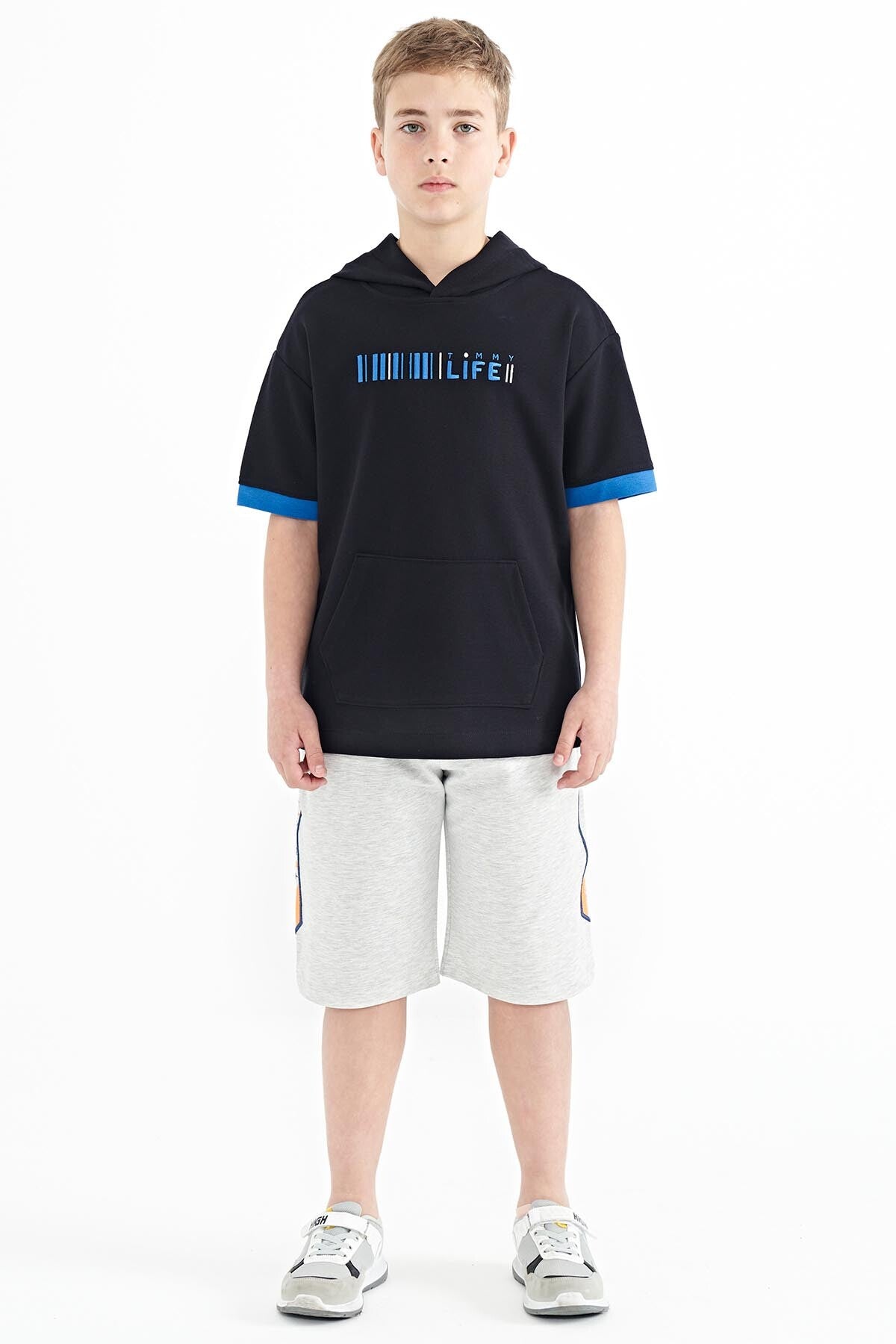 Navy Blue Block Hooded Kangaroo Pocket Oversize Boys T-Shirt - 11148