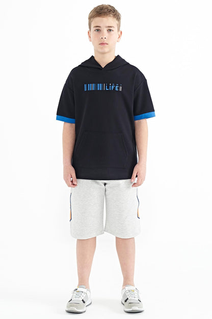 Navy Blue Block Hooded Kangaroo Pocket Oversize Boys T-Shirt - 11148