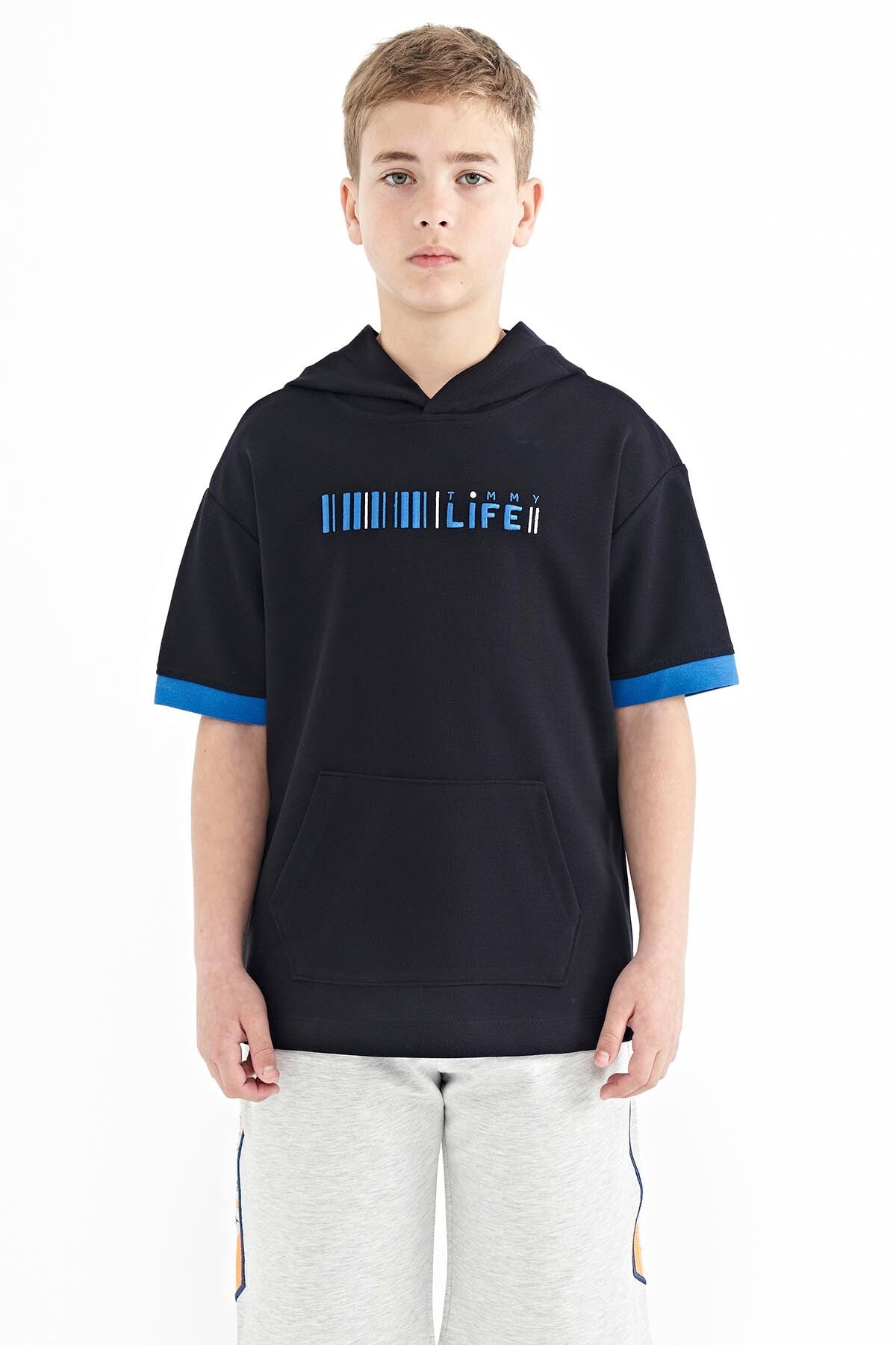 Navy Blue Block Hooded Kangaroo Pocket Oversize Boys T-Shirt - 11148