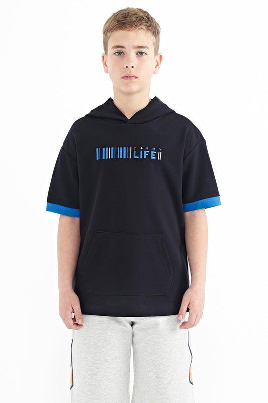 Navy Blue Block Hooded Kangaroo Pocket Oversize Boys T-Shirt - 11148