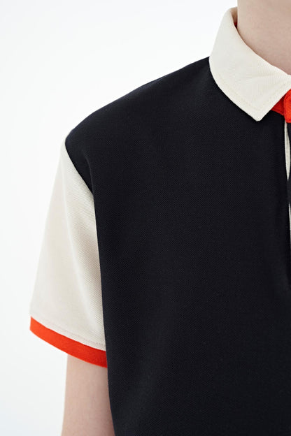 Navy Blue Block Embroidery Detailed Standard Pattern Polo Collar Boys T-Shirt - 11108