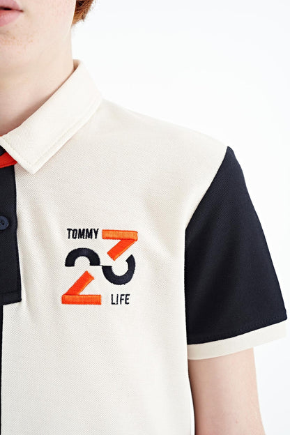 Navy Blue Block Embroidery Detailed Standard Pattern Polo Collar Boys T-Shirt - 11108
